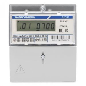Счетчик однофазный однотарифный Энергомера CE101 R5 145 ЖКИ 5-60А 230В на DIN-рейку 5м