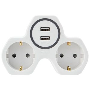 Двойник электрический Rexant 16 А с заземлением и защитными шторками + 2 USB порта, 2,4 А, белый
