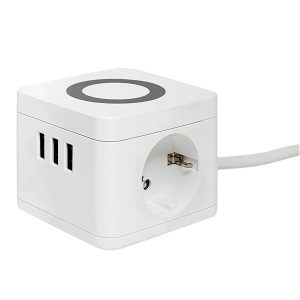 Удлинитель EKF Куб, 2х2Р+Е шторки, 3USB 2,4А, беспроводное зарядное устройство Qi, кабель 1,3м 1мм2