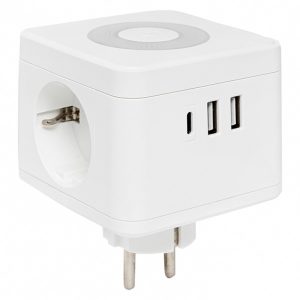 Тройник Куб EKF 2 гнезда 2Р+Е со шторками, 2USB 2,4А+Type C 3А + Ночник