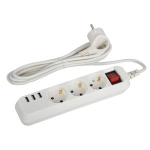 Удлинитель ЭРА U-3es-1,5m-USB c заземлением с выключателем 3 розетки + 3xUSBA 1,5м 10А белый
