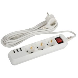 Удлинитель ЭРА U-3es-5m-USB c заземлением с выключателем 3 розетки + 3xUSBA 5м 10А белый