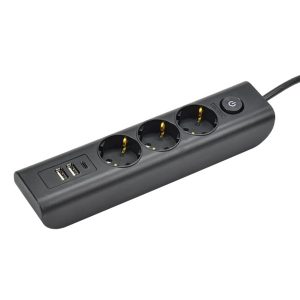 Удлинитель ИЭК Modern У03В 3 розетки 2P+E шторки выключатель кабель 2м 3х1мм2 16А/250В USBх3 черный