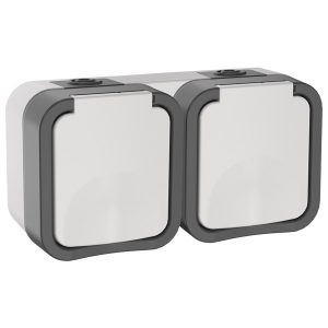 Розетка двойная ИЭК TORS TS222 2х2П+3 с крышкой и шторками горизонтальная 16А IP55 серо-белый