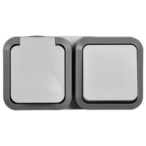 Блок розетка ИЭК TORS TS242 2П+3 и 1-клавишный выключатель горизонтальный 16А IP55 серо-белый