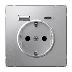 Зарядка USB с розеткой 2P+E SE ArtGallery тип-А и тип-C 5В/2,4А/3,0А, 2х5В/1,5 алюминий