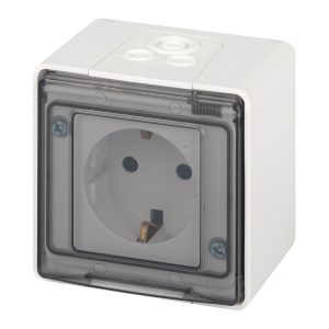 Розетка с заземлением открытой установки ЭРА Эксперт 11-2501-01 2P+E 16А IP55 белый