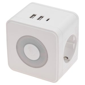 Двойник электрический Rexant Куб 2х2P+E 16А 2хUSB-A 2,4А, USB Type-C 3А ночник белый