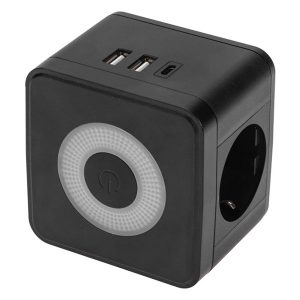 Двойник электрический Rexant Куб 2х2P+E 16А 2хUSB-A 2,4А, USB Type-C 3А ночник черный