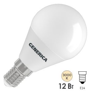 Лампа светодиодная шарик Generica (ИЭК) LED G45 12Вт 220В 3000K E14 тепло-белый свет