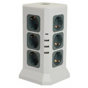 Удлинитель Stekker Comfort HM10-61-01 12х2P+E 16A 3520Вт 3USB A+1C 5V 3,4A 3x1мм2 1.5 м белый/серый