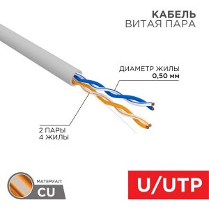 Кабель витая пара Rexant неэкранированный UTP 2PR 24AWG cat 5e CU серый [305м] (провод для интернета)