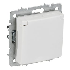 Розетка ИЭК BRITE 2P+E Schuko со шторками с крышкой 16А арктический белый (РСбш10-3-БрАБ)