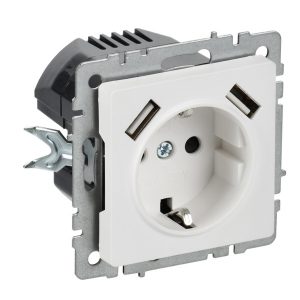 Зарядка ИЭК BRITE розетка 2Р+Е со шторками 16А с USB A+A 2,1А арктический белый (РЮш10-1-БрАБ)