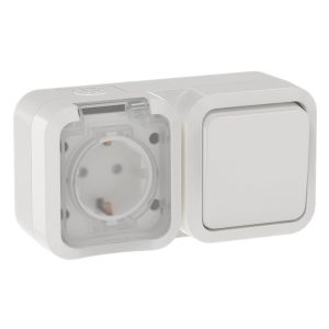 Блок розетка ИЭК TORS TS342 2П+3 и 1-клавишный выключатель горизонтальный 16А IP55 белый