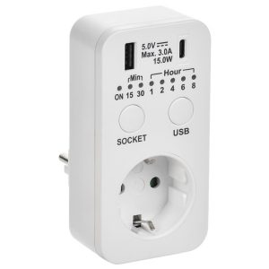 Розетка-таймер электронный ИЭК РТЭ-4 2P+E 16А  с USB A+C 15мин-8ч IP20 белый