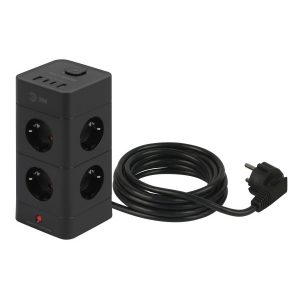 Сетевой фильтр ЭРА TWR-8es-1,5m-4USB-B башня 8х2P+E выключатель 2xUSBA+2хUSBC ПВС 3x1мм2 черный