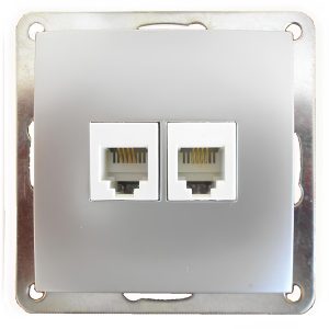 Розетка телефонная двойная Экопласт 2хRJ-11 с накладкой LK60, серебристый металлик