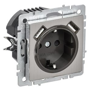 Зарядка ИЭК BRITE розетка 2Р+Е со шторками 16А с USB A+A 2,1А металл хром/никель (РЮш10-1-БрГН)