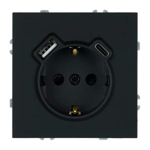 Розетка с заземлением со шторками Stekker Эмили RST16-5119-05 16A USB тип A и C, черный уголь