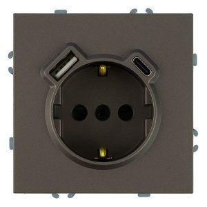 Розетка с заземлением со шторками Stekker Эмили RST16-5119-09 16A USB тип A и C, антрацит