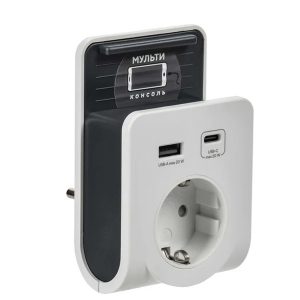 Зарядное устройство с держателем ИЭК Т-03/01 1 место 2P+E 16А 2хUSB A+C 20Вт бело-черный