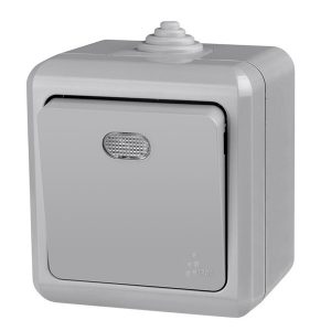 Выключатель одноклавишный открытой установки Tokov Electric Dita с индикацией 10А IP54 серый