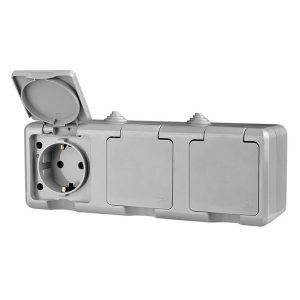 Розетка тройная открытой установки Tokov Electric Dita 3х2П+3 16А с крышкой IP54 серый