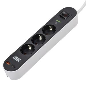 Сетевой фильтр ИЭК СФ-03К 3х2P+PE16А USB A+C 20Вт выключатель с индикатором 3м 3х1,5мм2 черный