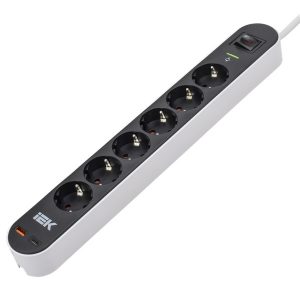 Сетевой фильтр ИЭК СФ-06К 6х2P+PE16А USB A+C 20Вт выключатель с индикатором 3м 3х1,5мм2 черный