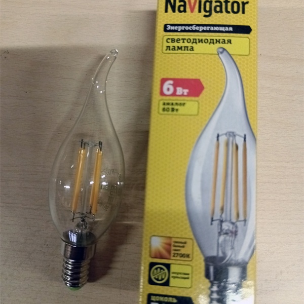 Филаментная лампочка свеча на ветру Навигатор, мощностью 6 Ватт, с цоколем E14, теплый свет, прозрачная колба