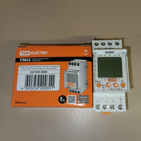 Таймер электронный, программируемый, двухканальный ТЭ822 ТДМ, монтаж на DIN-рейку, ширина 36 мм