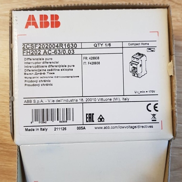 Устройство защитного отключения (УЗО) ABB FH202 номинальный ток 63А, ток утечки 30mA, тип AC, 2 полюса, 2 модуля