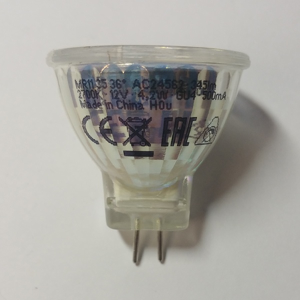 Светодиодная, низковольтная, лампочка акцентного освещения Осрам, мощностью 4,2 Ватта, с цоколем GU4, теплый свет