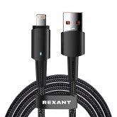 Кабель Rexant USB-A – Lightning для Apple 2,4А, 1м, в черной нейлоновой оплетке, со световой индикац