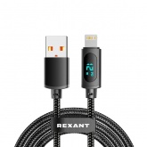Кабель Rexant USB-A – Lightning для Apple 2,4А, 1м, в черной нейлоновой оплетке, c LED дисплеем