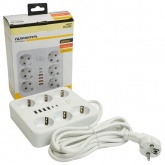 Удлинитель Stekker Home plus HM09-66-02 6х2P+E 10A 2500Вт 4USB A+2C 5V 2,4A 3x1мм2 2.5 м белый