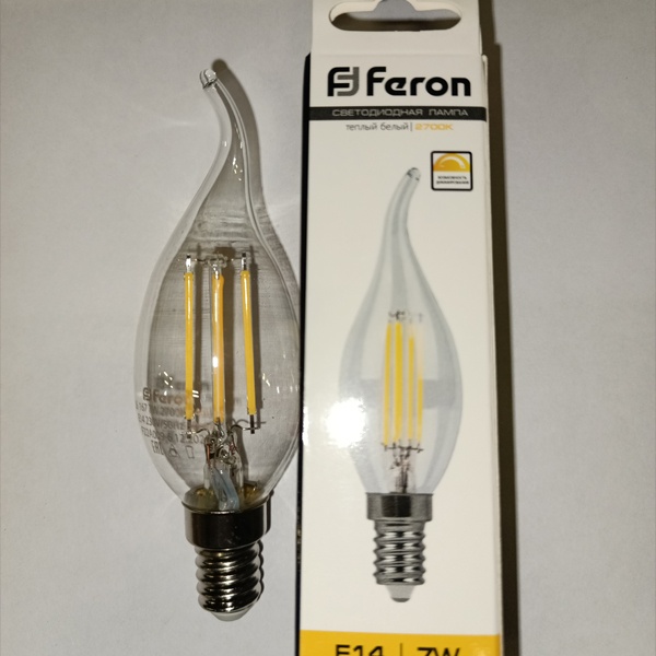Диммируемая филаментная лампа свеча на ветру Ферон LB-167 7W 2700K, теплый свет