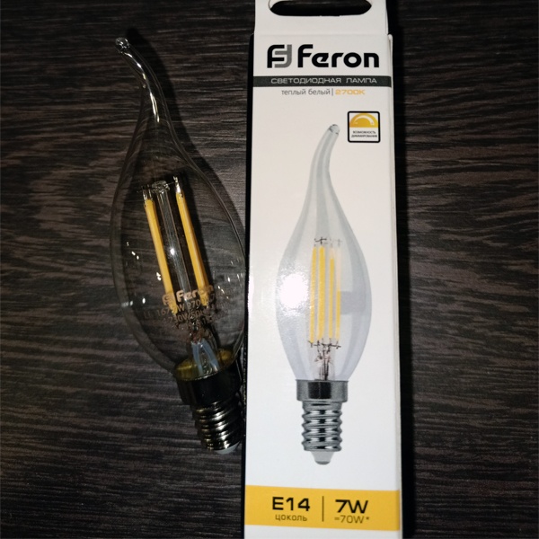 Диммируемая филаментная лампа свеча на ветру Ферон LB-167 7W 2700K, теплый свет