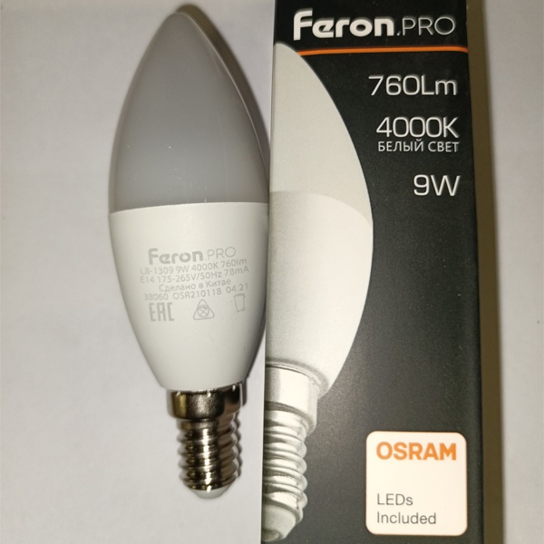 Светодиодная лампочка формы свеча Ферон мощностью 9 Ватт, с цоколем E14 (миньон), нейтральный белый свет, матовая колба