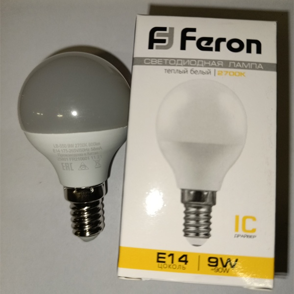 Светодиодная лампочка шарик Ферон LB-550 E14 9 Вт, теплый свет