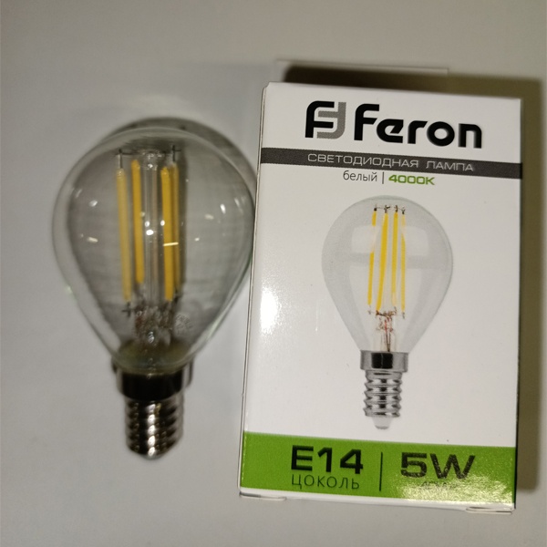 Лампа филаментная светодиодная LB-61 шарик Feron 5W 4000K 230V 530lm E14 4LED filament белый свет.