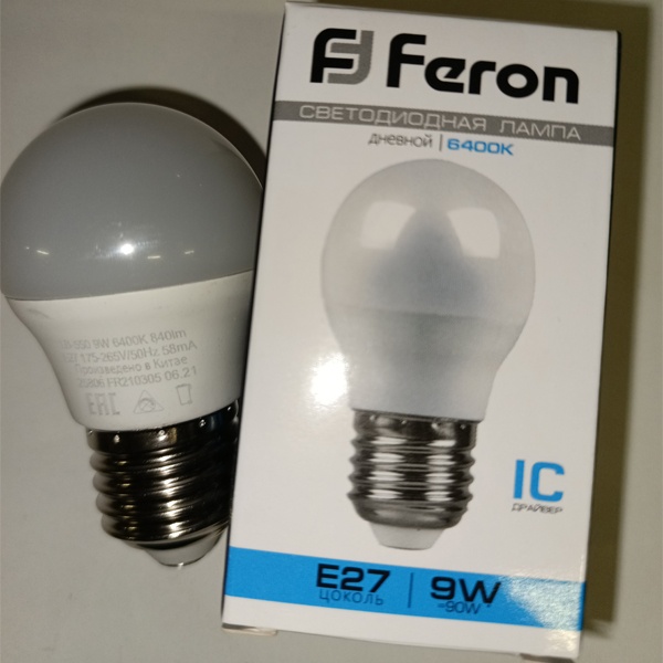 Светодиодная лампочка шарик Ферон LB-550 E27 9 Вт, холодный свет