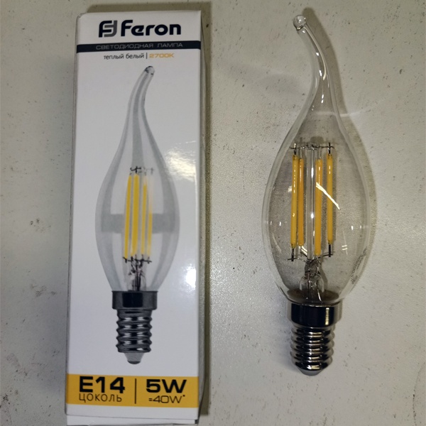 Лампа филаментная светодиодная LB-59 свеча на ветру Feron 5W 2700K 230V 530lm E14 4LED filament теплый свет.