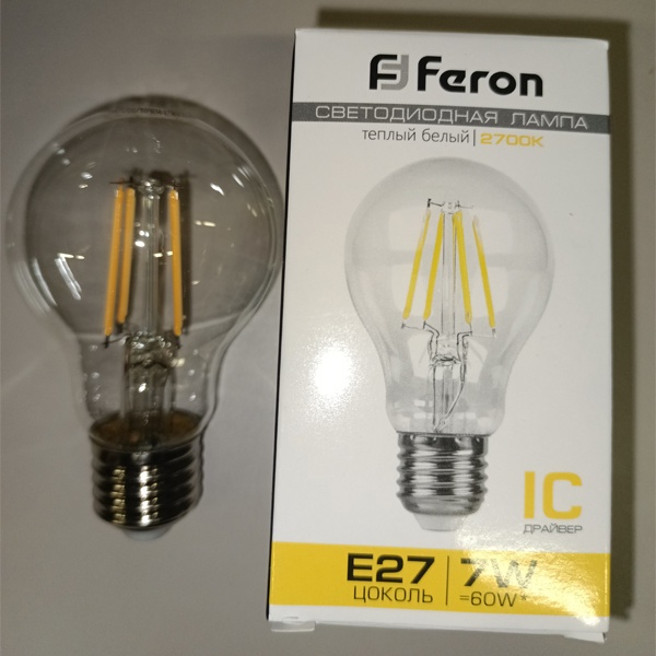 Лампа светодиодная филаментная LB-57 Feron A60 7W 2700K 230V 740lm E27 6LED filament теплый свет.
