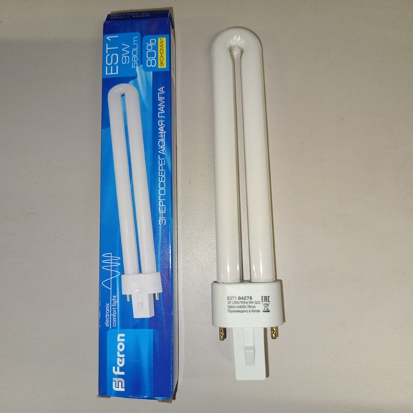 Компактная энергосберегающая лампа КЛЛ мощностью 9 Вт с цоколем G23 для светильников с ЭмПРА