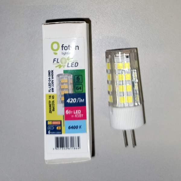 Светодиодная капсульная лампочка Фотон Лайтинг, мощностью 6 Ватт, с цоколем G4, холодный дневной свет