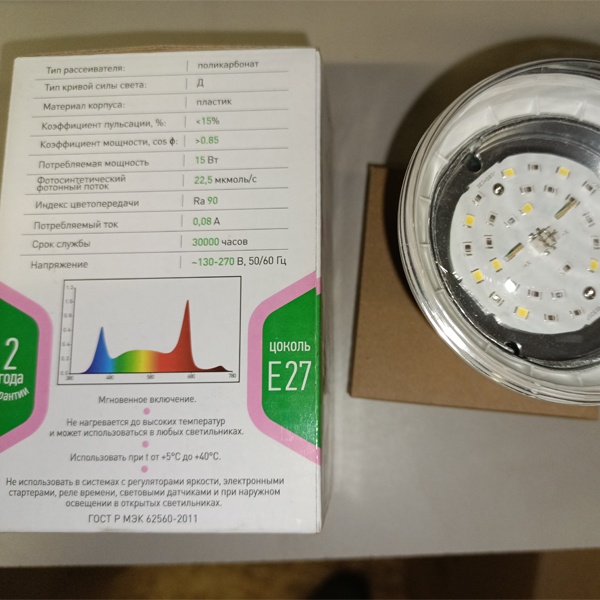 Полноспектральная светодиодная Фито лампа ЭРА, мощностью 15 Ватт