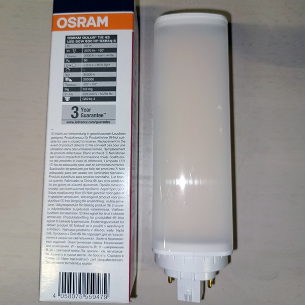 Светодиодная лампочка Осрам Дулюкс T/E, мощностью 20 Ватт, с цоколем GX24q-4, теплый белый свет, для использования в светильниках с ЭПРА или для прямого включения