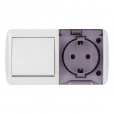 Блок TDM Селигер выключатель 1-клавишный + розетка 2П+З со шторками и прозрачной крышкой IP54 белый